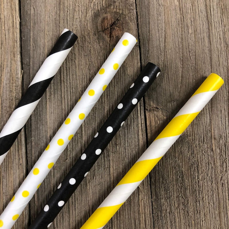Outside the Box Papers Bee Theme Striped and Polka Dot Paper Straws 7.75 Inches 100 Pack Black, Yellow, White - Image 5